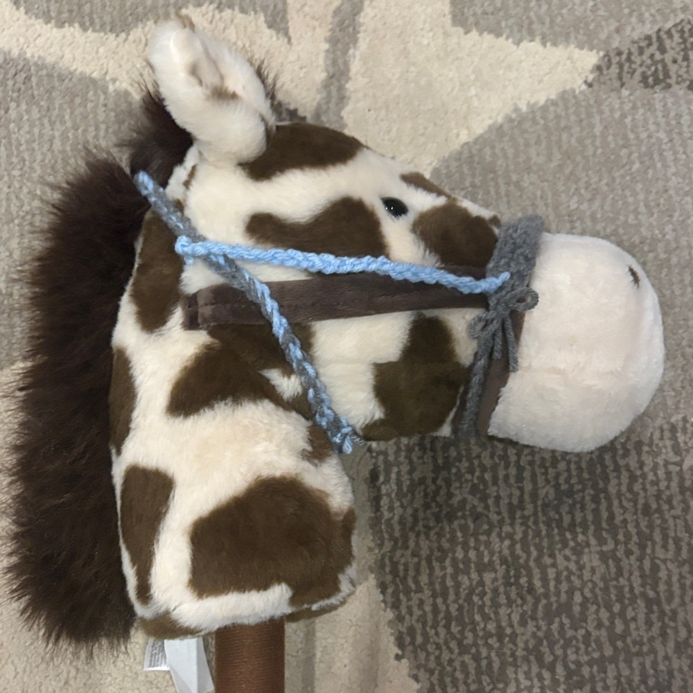 Crocheted baby blue and grey hobby horse halter🩷